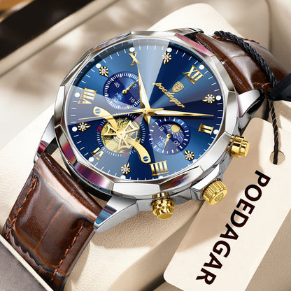 POEDAGAR Relógio de Pulso Militar de Luxo Masculino Quartzo Impermeável Luminoso Cronógrafo Couro Masculino Relógio Esportivo Masculino Relógio Masculino