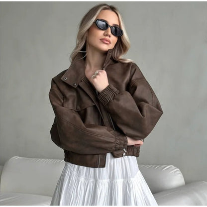 Full Sleeve Cropped Women Casual Slim Thin Motorcycle Coat Chic Zipper Lapel Wine Red Leather Jacket Lady New Highstreet Outwear