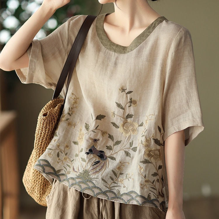Cotton Linen Embroidered Floral Blouses Women's Chinese Classic Loose Shirt Top Casual Retro O Neck Short Sleeve Summer Shirts