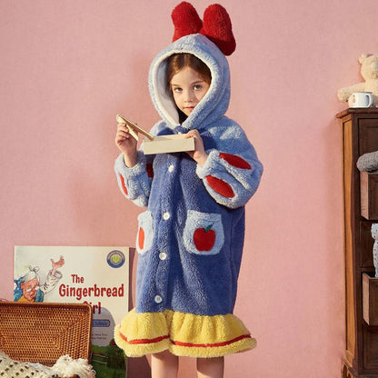 Disney Snow White Kids Hooded Robe Winter Princess Child Thick Keep Warm Long Nightgown Front Button Coral Fleece Soft Bathrobe