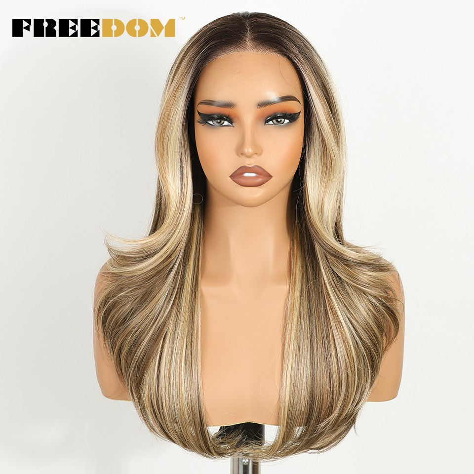 FREEDOM Perucas de Renda Sintéticas Frontais para Mulheres 20 Polegadas Ombré Loira Ondulada em Camadas Peruca 6X4 Pré-aparada Pronta para Usar Perucas de Renda sem Cola