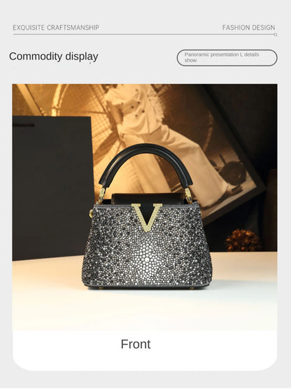 Luxury Fashion Diamonds Women's Handbags 2025 New V Letter Small Shoulder Crossbody Bag Genuine Leather Messenger Shell Bags