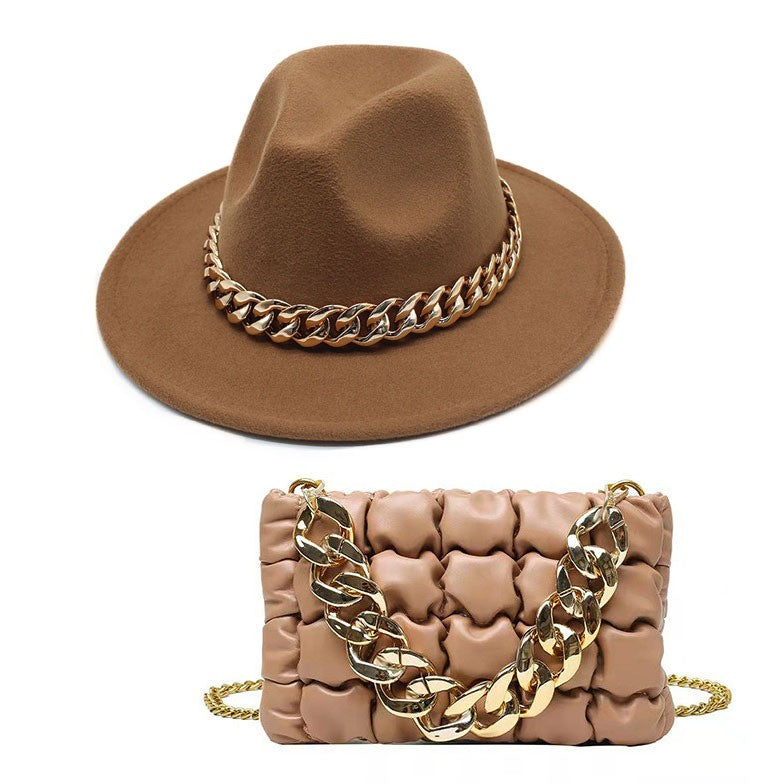 Conjuntos de 2 Peças para Mulheres com Bolsa Grande e Corrente, Chapéu Fedora, Moda 2022, Luxo, Festa, Casamento, Chapéu de Jazz ?????