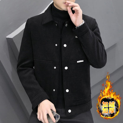 Men's Fleece-Lined Thickened Warm Casual Jacket New Turn-Down Collar Trendy Short Wool Coat Woolen Overcoat