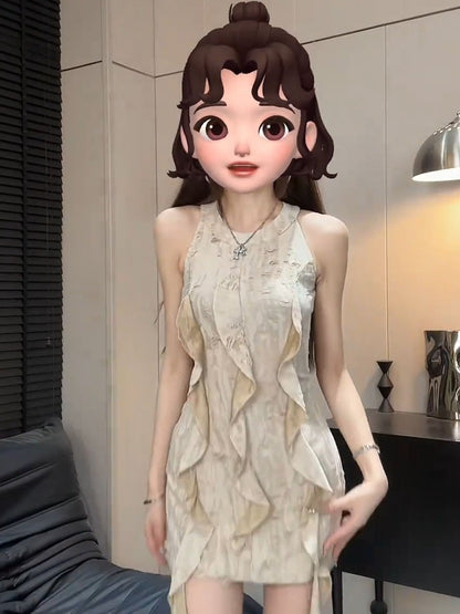 Ruffle Collar Halter Bodycon Dress Women Vintage Inspired Innocent Seduction Aesthetic Summer Body Hugging Pencil Skirt Modern C