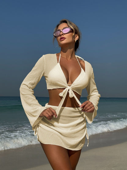 Summer Holiday 4 Piece Bikini Set 2025 Women Sexy White Long Sleeve Cover Up and Skirt Swimsuit Beach Bathing Suit Pool Swimwear
