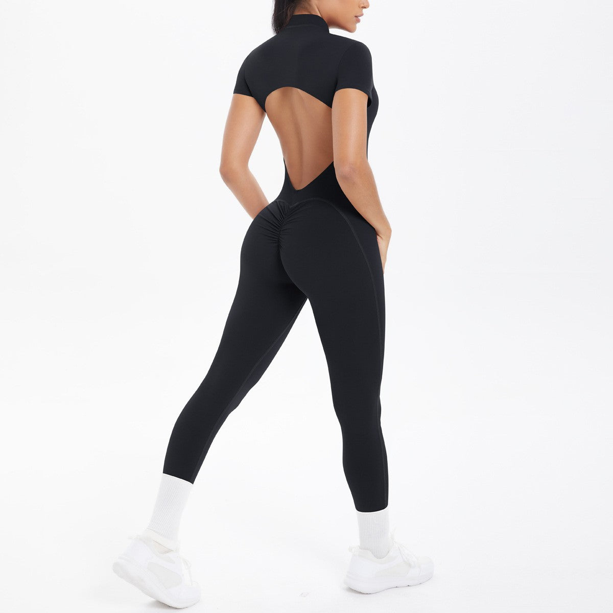 Women's Seamless Yoga Jumpsuit - Front Zip Open Back Breathable One-Piece Bodysuit for Gym Running Fitness Workout