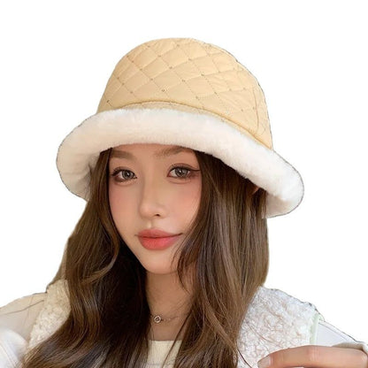 Chapéu de balde coreano feminino celebridade da Internet, marca moderna, quente e espesso, chapéu de bacia, moda versátil, imitação de vison, chapéu de balde de penas.