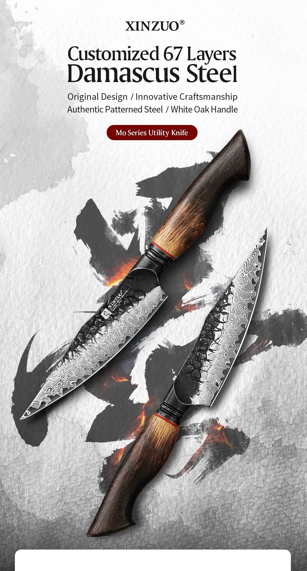 XINZUO 5.5" utility knife, 67 - Layer Damascus Masterpiece, forged with super steel, offers unrivaled sharpness and durability.