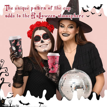100 Copos de Café Descartáveis de Halloween com Tampas 12 oz Copos de Papel Rosa Fantasma Abóbora Bruxa Morcego Decoração Fofa de Halloween Rosa