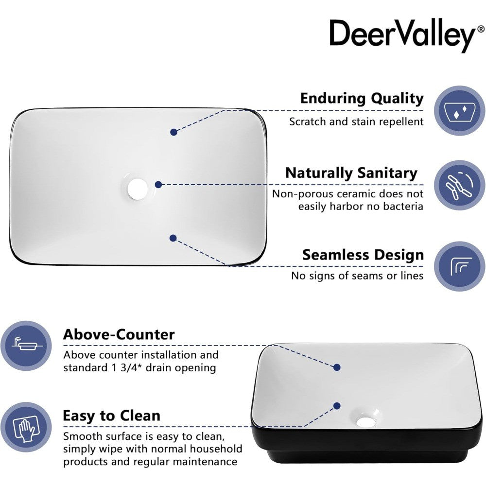 Vessel Sink Rectangle, Black & White Semi Recessed Bathroom Sinks, 18.9x11.61 Modern Rectangular Top Counter Bathroom