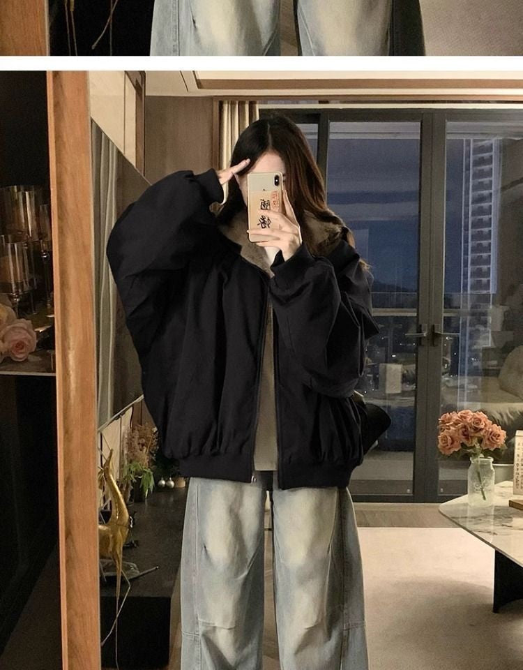 American Retro Reversible Velvet Zipper Hooded Jacket Women Winter Fashion Street Thick Loose Warm Harajuku Casual Plush Jacket