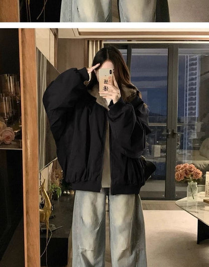 American Retro Reversible Velvet Zipper Hooded Jacket Women Winter Fashion Street Thick Loose Warm Harajuku Casual Plush Jacket