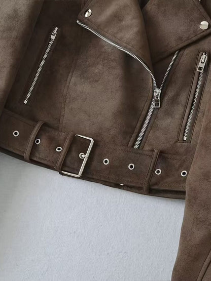 European style new women's fashion versatile temperament retro design velvet PU motorcycle jacket short coat