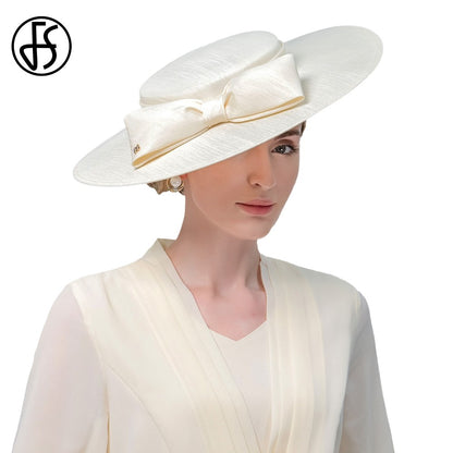FS Elegante Chapéu de Aba Larga Marfim Feminino Grande Laço Ocasião Formal Kentucky Boné Feminino Casamento Coquetel Festa Fedora de Topo Reto 2024