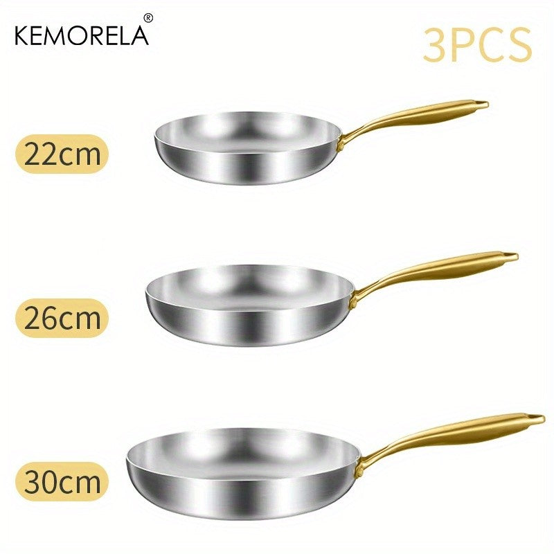 KEMORELA 3PCS 316 Stainless Steel Gold Handle Non-Stick Frying Pan Set 2MM Thick 5-Ply Wok Pan Food Grade Safety Multiple Sizes
