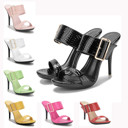 New Summer Buckle Strap Outside Women Slipper  Open Toe High Heeled 10CM Women's Sandals Thin Heels Neutral Slippers Party Pumps