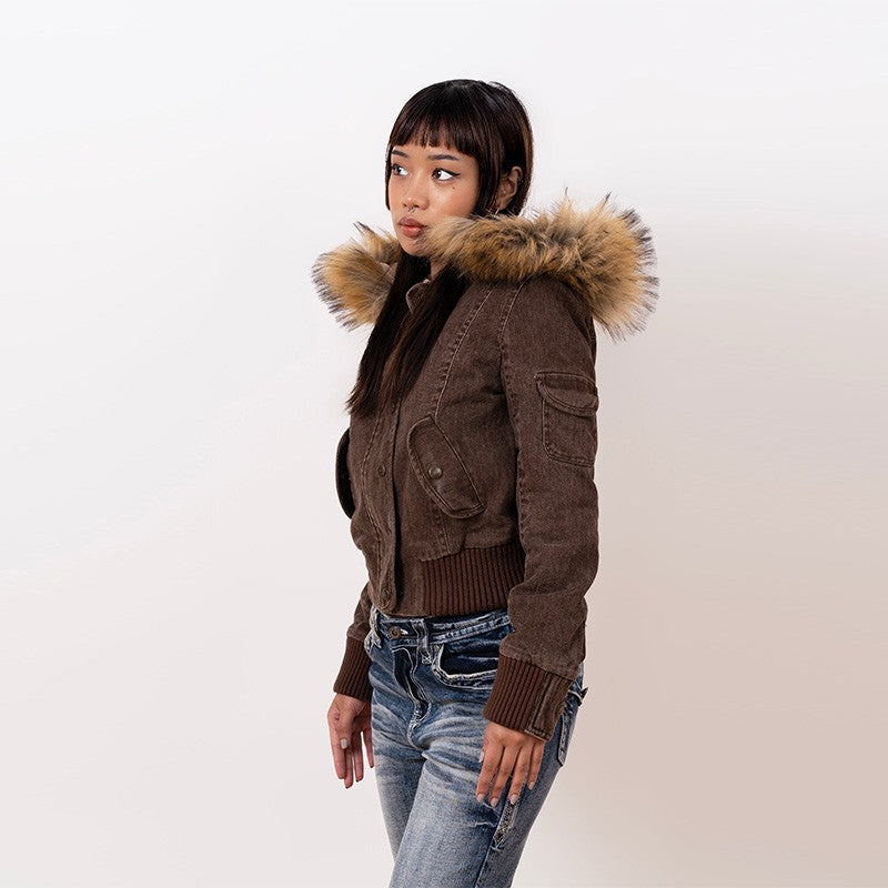 Vintage Brown Short Hooded Jacket Women's Full Sleeve Slim Detachable Fur Collar 2025 NEW Winter  Autumn Female Outerwear