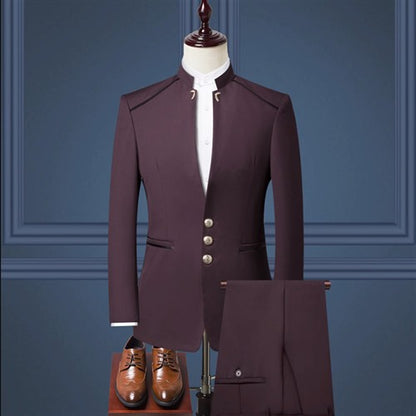 (Jacket+Pants) Men Fashion Simple Wedding Suit Black / Blue / Wine Red 2025 Homme Stand up Collar Business Social Dress 2Piece