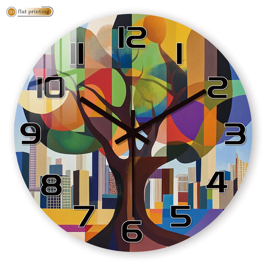 Geometric Abstract Tree Wall Clock, Colorful Cityscape Backdrop, Modern Art Urban Nature Fusion Home Decor