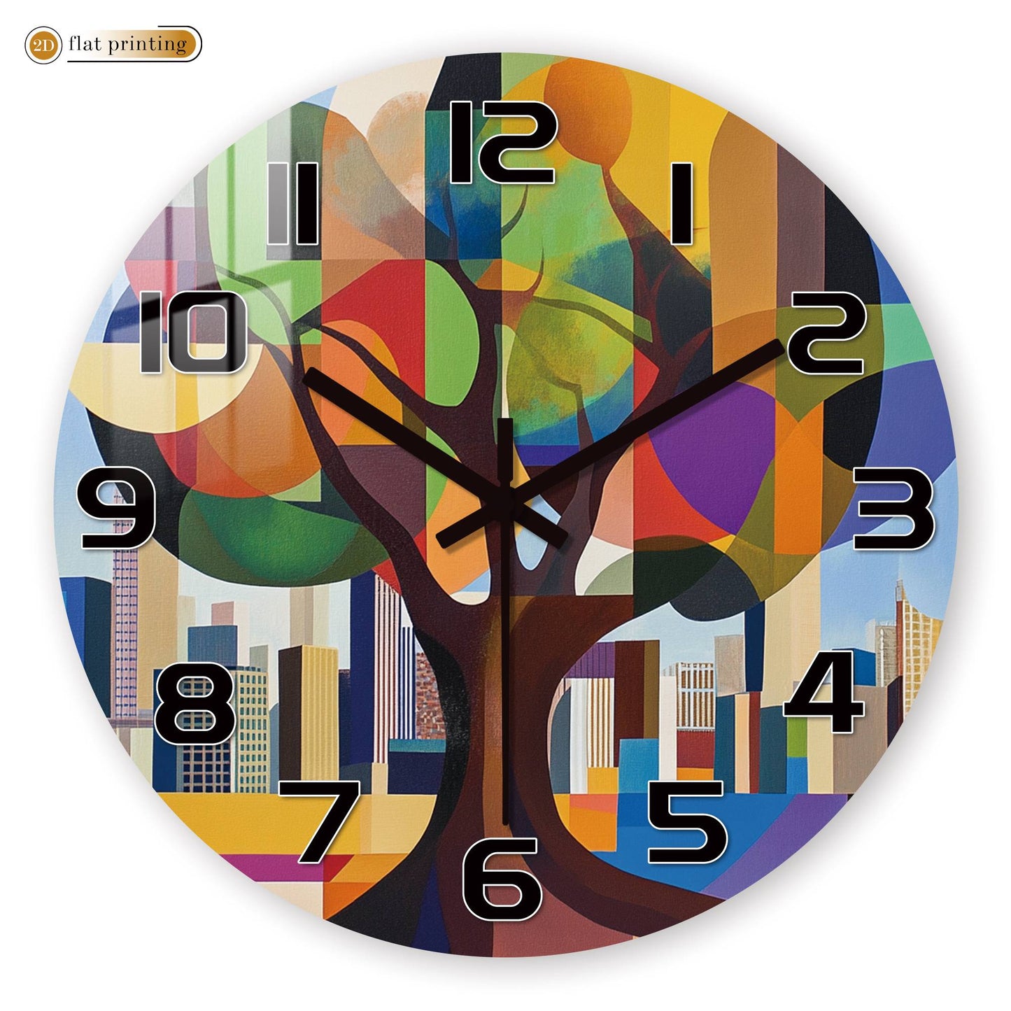Geometric Abstract Tree Wall Clock, Colorful Cityscape Backdrop, Modern Art Urban Nature Fusion Home Decor