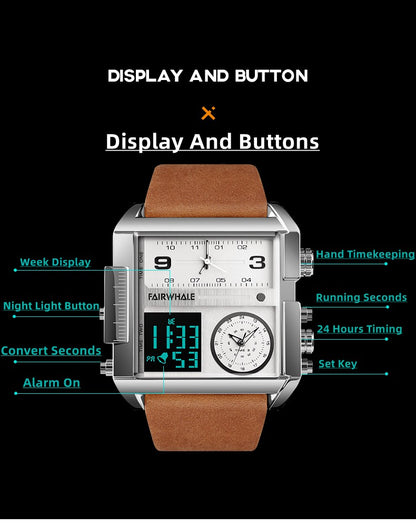 Mark Fairwhale Luxury Quartz Watches Men Fashion Brown Leather Strap Clock Military Waterproof Square Electronic WristWatch 2023