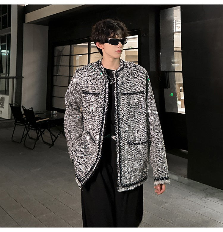 Korean Fashion Shiny Sequin Jacket Sliver Round Collar Long Sleeve Jackets Coats Autumn New Ladies Gentleman High Street