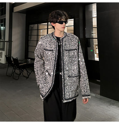 Korean Fashion Shiny Sequin Jacket Sliver Round Collar Long Sleeve Jackets Coats Autumn New Ladies Gentleman High Street