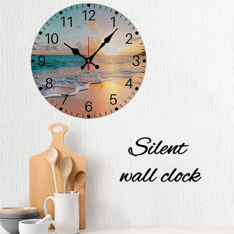 The Beach Wooden Round Silent Hanging Wall Clock, Suitable For Living Room, Office, Study Room, Bedroom, Home Decoration