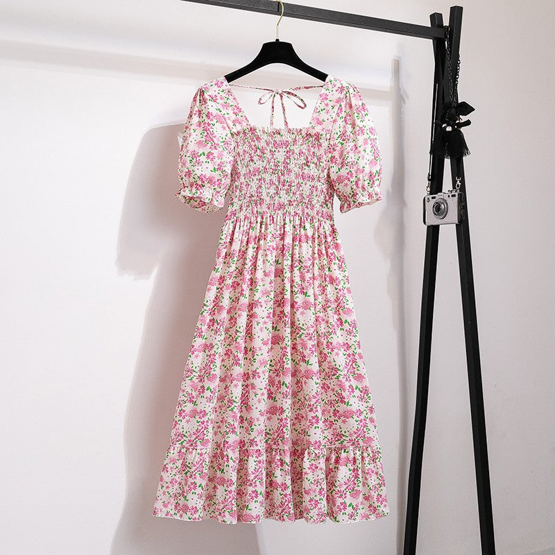Summer Pleated Women Chiffon Dresses Casual Beach Holiday Short Sleeve Square Co