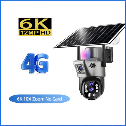 10x Zoom 4G SIM Solar Camera Outdoor 6K 12MP Three Lens HD Night Vision IP Surveillance Camera Security Protection  PTZ CCTV Cam