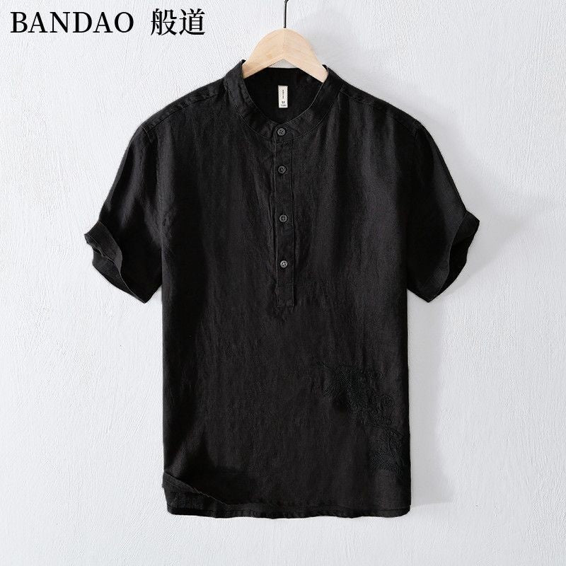 Chinese Style Spring and Summer Loose High-end Men's Linen Short-sleeved Cotton Linen Casual Breathable Shirt Collar T-shirt