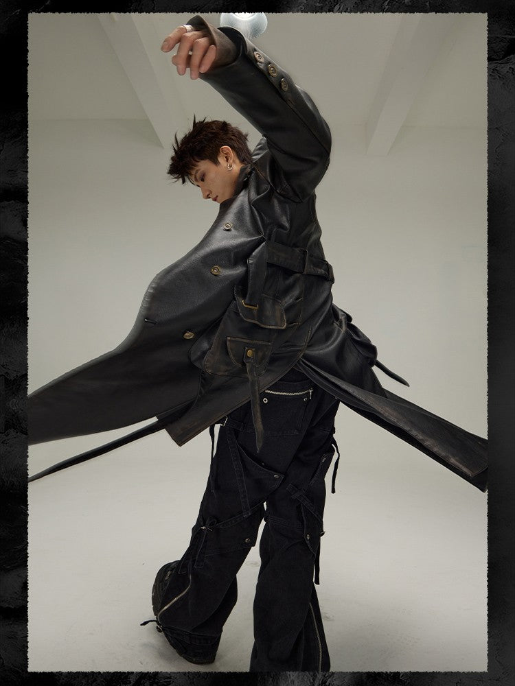 Mauroicardi Spring Autumn Long  Distressed Black Pu Leather Trench Coat Men Belt Double Breasted Luxury European Fashion 2023