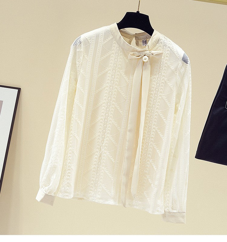 Women Blouse Shirt New Long Sleeve Stand Collar Elegant Lace-up Blouse Shirt Women Tops Blouses Shirts Blusas Camisas 2025 Q687