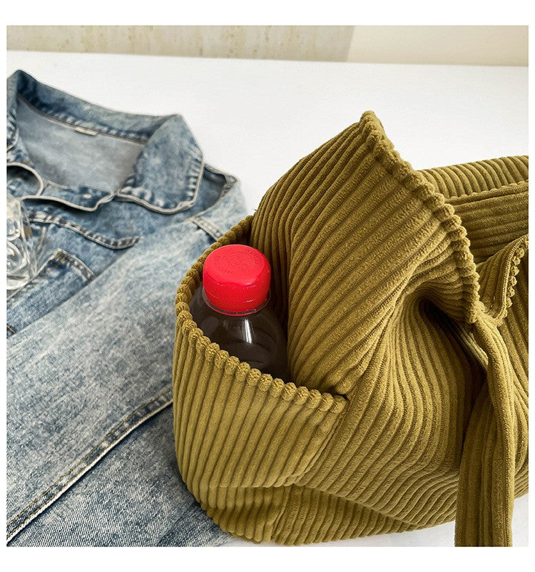 Casual Corduroy Handbag with Zipper Closure Light and Large Capacity Fixed Shoulder Strap Solid Color Daily Commuter Handbag