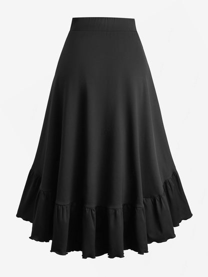 ROSEGAL Plus Size Grommets Lace-Up Ruffles Ruched High-Low Skirt Adjustable Tie Waist Maxi Skirt for Women Oversize Black Skirts