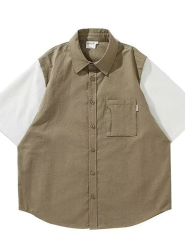 Summer Retro Fake Two-Piece Shirts For Men Casual Patchwork Short Sleeve Cargo Shirt 2025 New Pocket Y2K Streetwear Tee Tops