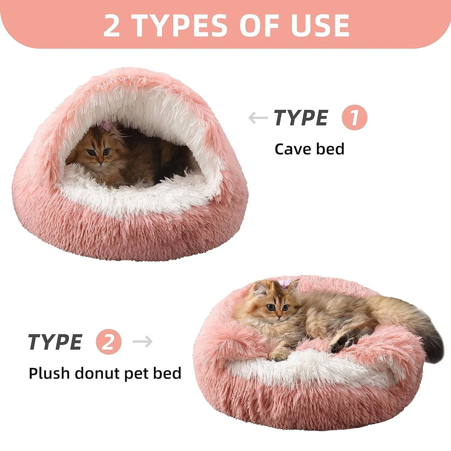 Cama para Pets 2 em 1 de Pelúcia Macia 50CM com Cobertura Redonda Cama para Gatos Colchão para Filhotes Quente Ninho Caverna para Cães Pequenos Tapetes