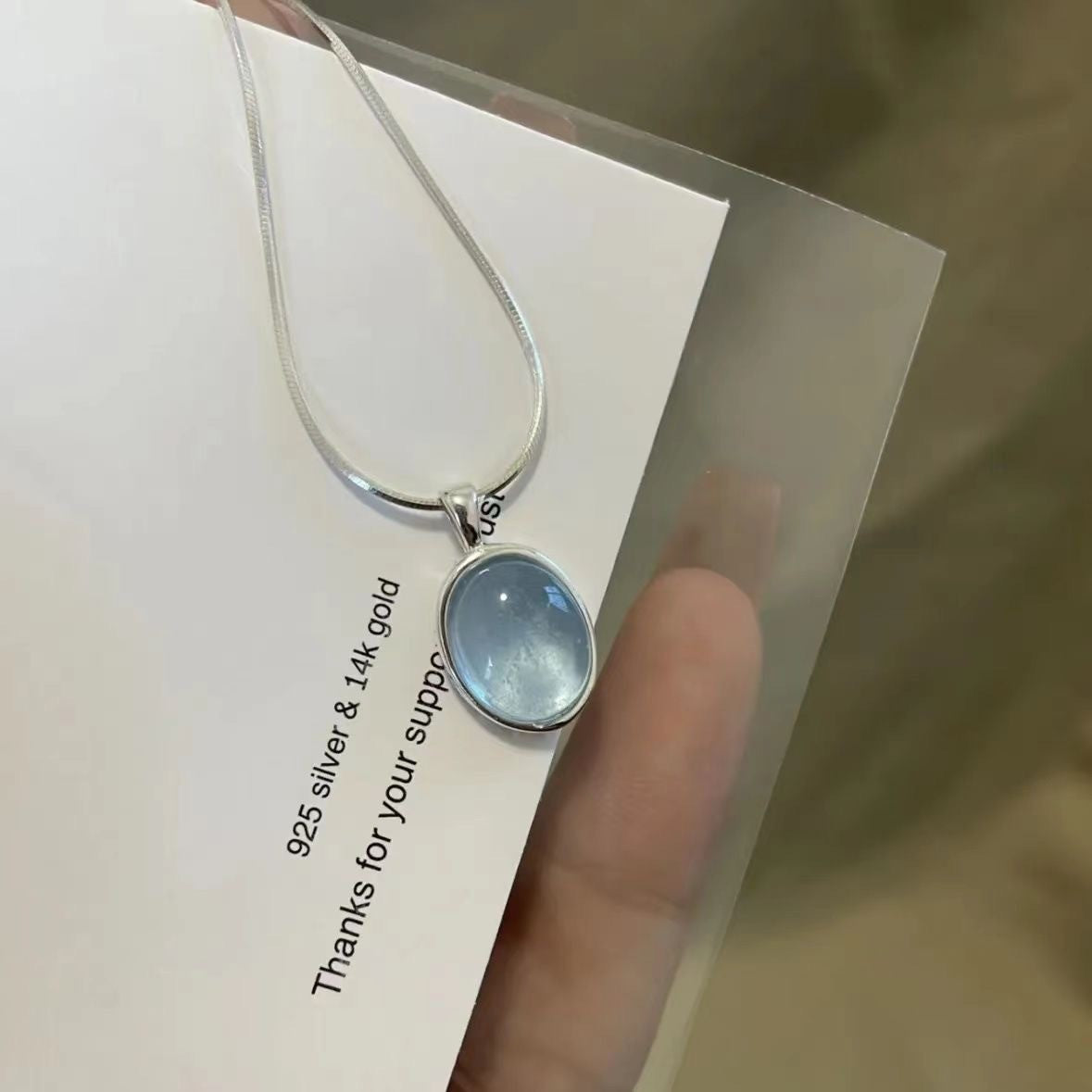 Colar com Pingente Simples Oval de Pedra da Lua e Água-marinha para Mulheres Meninas Corrente Cobra de Luxo Colar da Moda Joias Presentes