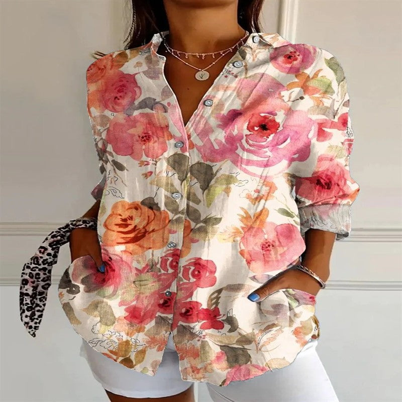 2025 New Retro Floral Art Print Casual Linen Shirt Fashionable Pretty Shirt Fast Shipping