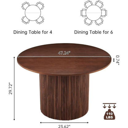 Round Dining Table for 4, Modern Farmhouse Kitchen Table, 47 Inch Small Circle Dining Tables, Walnut Wood Veneer Tabletop with W