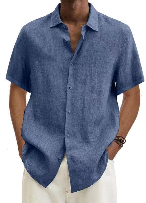 Basic Summer Men's Shirt Cotton Linen Short-sleeved Button Lapel Simple Top Casual Office Blouses for Male