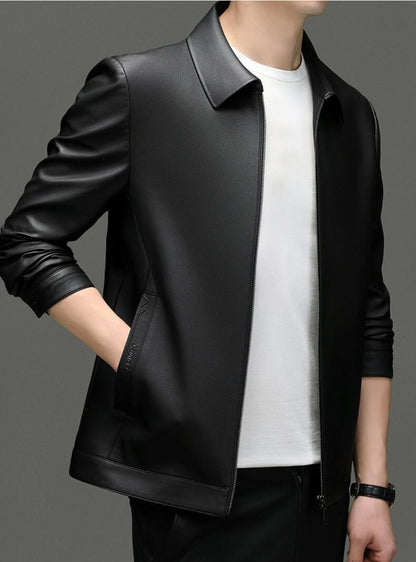 2025 Fall And Winter Models Men's Jacket Lapel Business Casual PU Leather Jacket Thin Thick Black Lake Blue