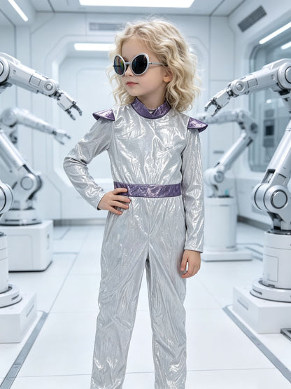 Silver alien style jumpsuit costume with eye headwear for party and role play