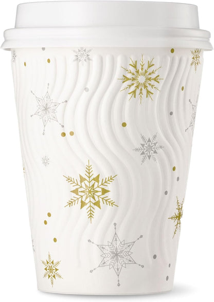 [100 CONJ] Copos de Café de Natal Harvest Pack 350 ml, Copos de Papel Descartáveis de Inverno com Flocos de Neve Brancos, com Parede Ondulada Isolada P