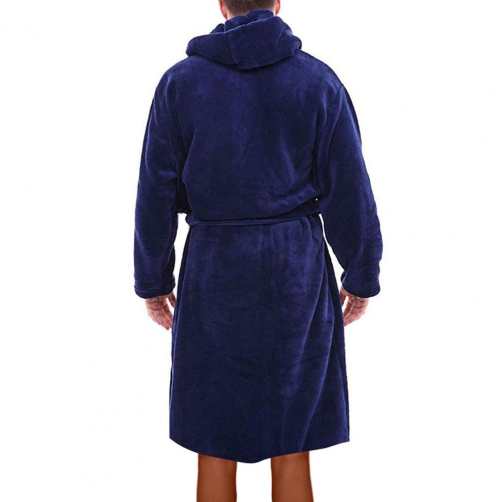 Belt Flannel Bath Robe for Men Hooded Pockets Warm Men Nightgown Men Plush Bathrobe Sleepwear Home Clothes Loose Pajamas Robe