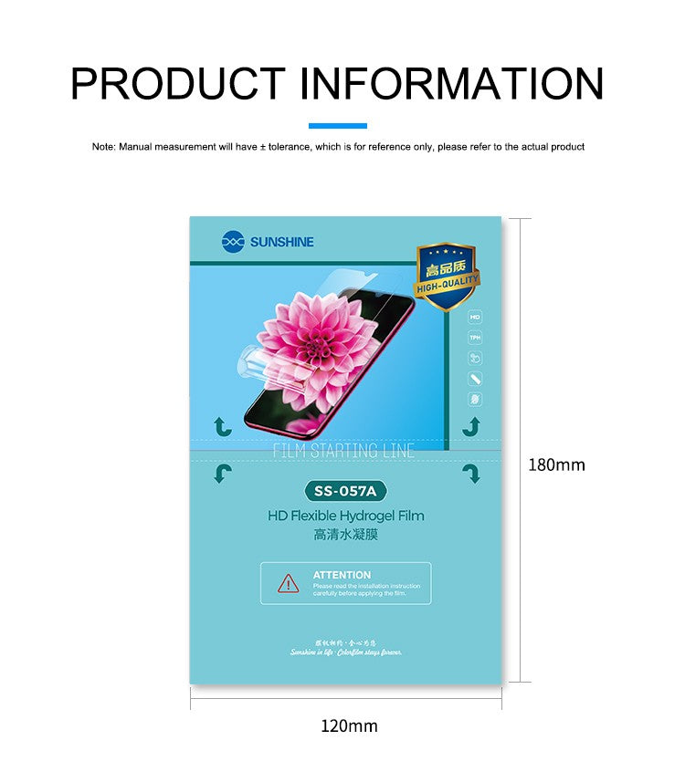 SUNSHINE SS-057A 50 peças de película hidráulica flexível IP para celular, película frontal cortada para máquina de corte de película automática, ferramentas frontais