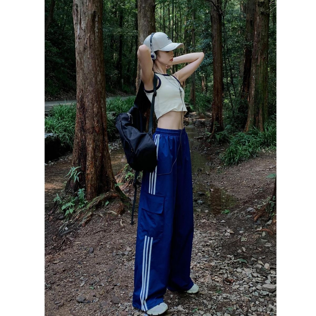 Women Casual Baggy Stripe Cargo Pants Solid Low Waist Joggers Pants Drawstring Wide Leg Baggy Trousers Y2K Streetwear Sweatpants