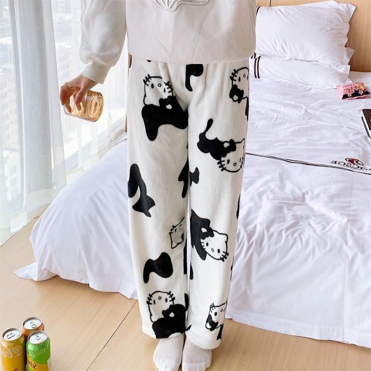 Anime Stitch Plush Pajama Pants Sanrio Kawaii Hello Kitty Cute Women Winter Warm Student Sleeping Pants Loose Casual Home Pants