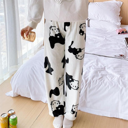 Anime Stitch Plush Pajama Pants Sanrio Kawaii Hello Kitty Cute Women Winter Warm Student Sleeping Pants Loose Casual Home Pants